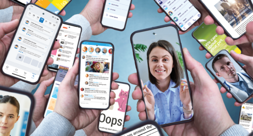 multiple phone screens being held by hands