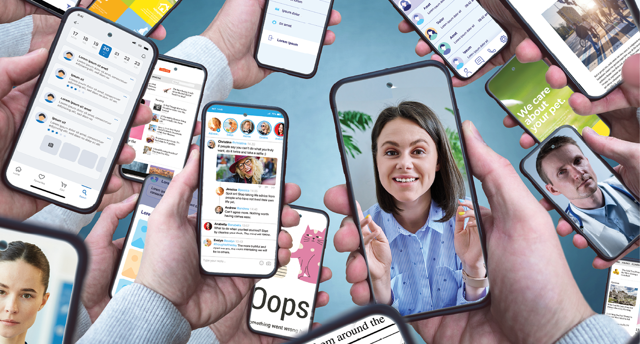multiple phone screens being held by hands