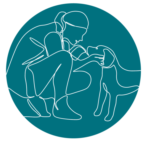 Line illustration of woman and dog